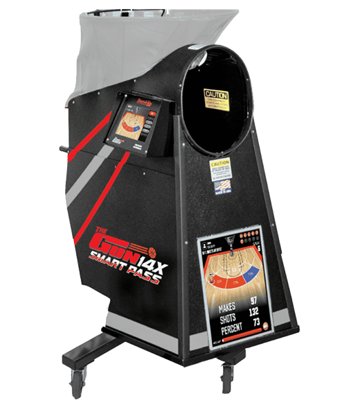 Shoot-A-Way The Gun 14X Smart Pass basketball shooting machine featuring automated rebounding, passing technology, and interactive touchscreen controls.