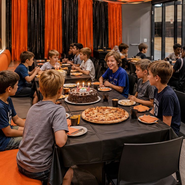 Private birthday party room at Legacy Hoops featuring pizza, cake, seating, and views of the indoor basketball courts.