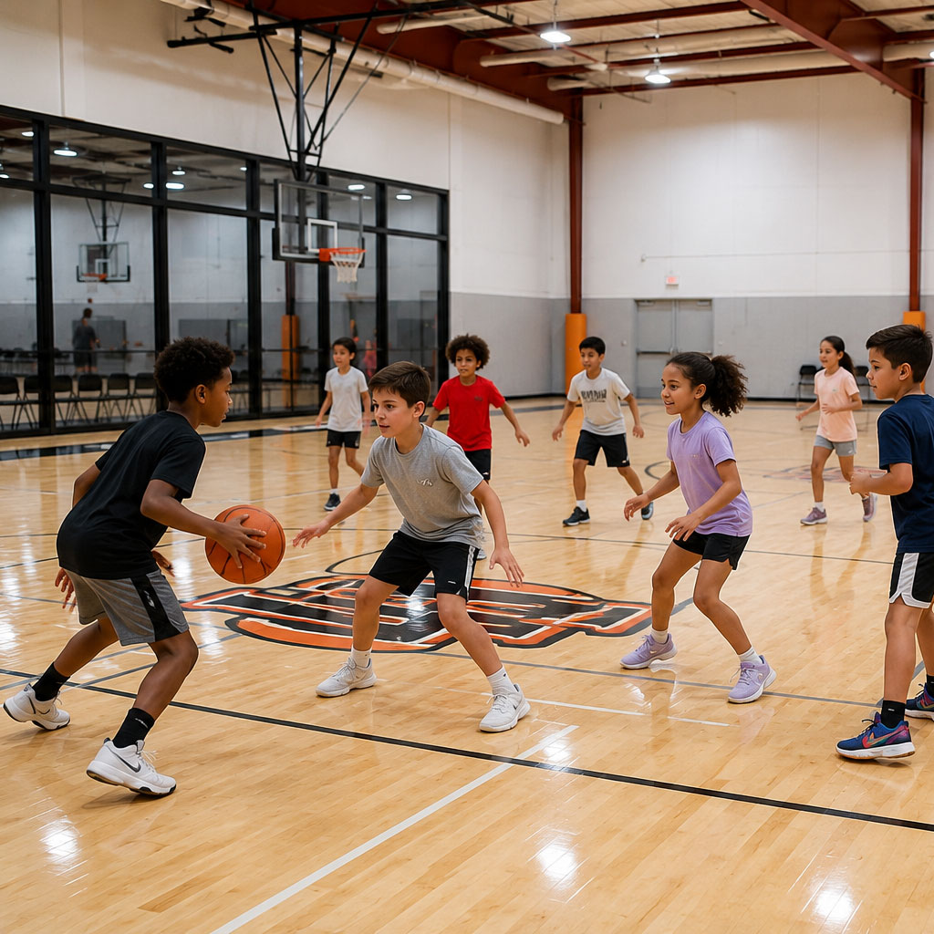 Children playing basketball and participating in court activities during a birthday party at Legacy Hoops.