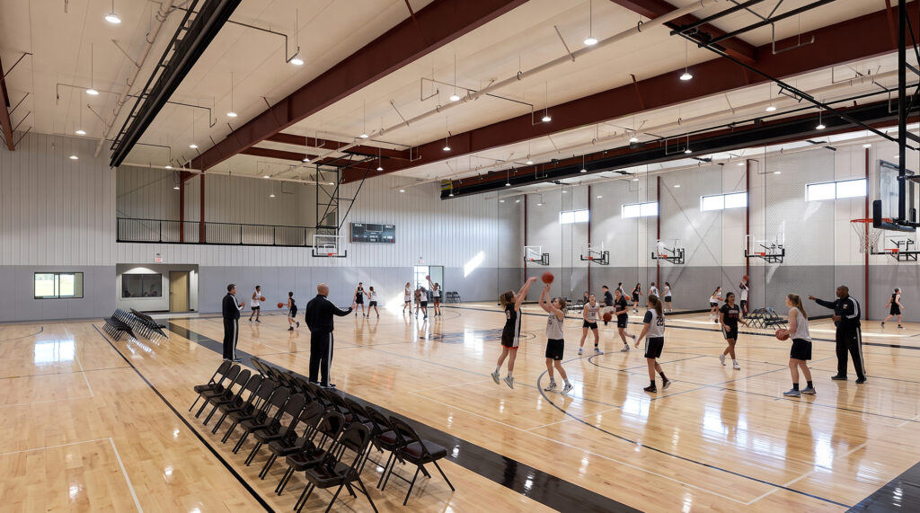 Modern indoor basketball facility featuring multiple courts, hardwood flooring, basketball hoops, and athletes practicing throughout the gym.