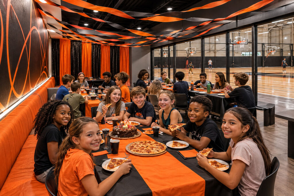 Children gathered in a sports facility party room enjoying pizza and cake, with basketball courts visible through large windows in the background.
