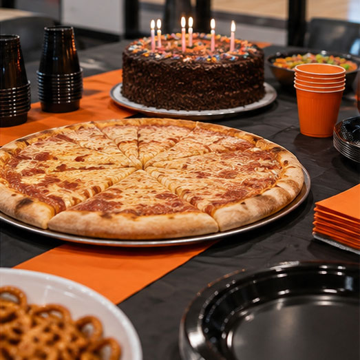 Birthday party setup featuring pizza, cake, and table seating inside a private event room overlooking indoor basketball courts.